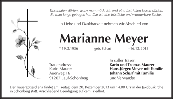 Traueranzeige von Marianne Meyer von Pegnitz-Zeitung